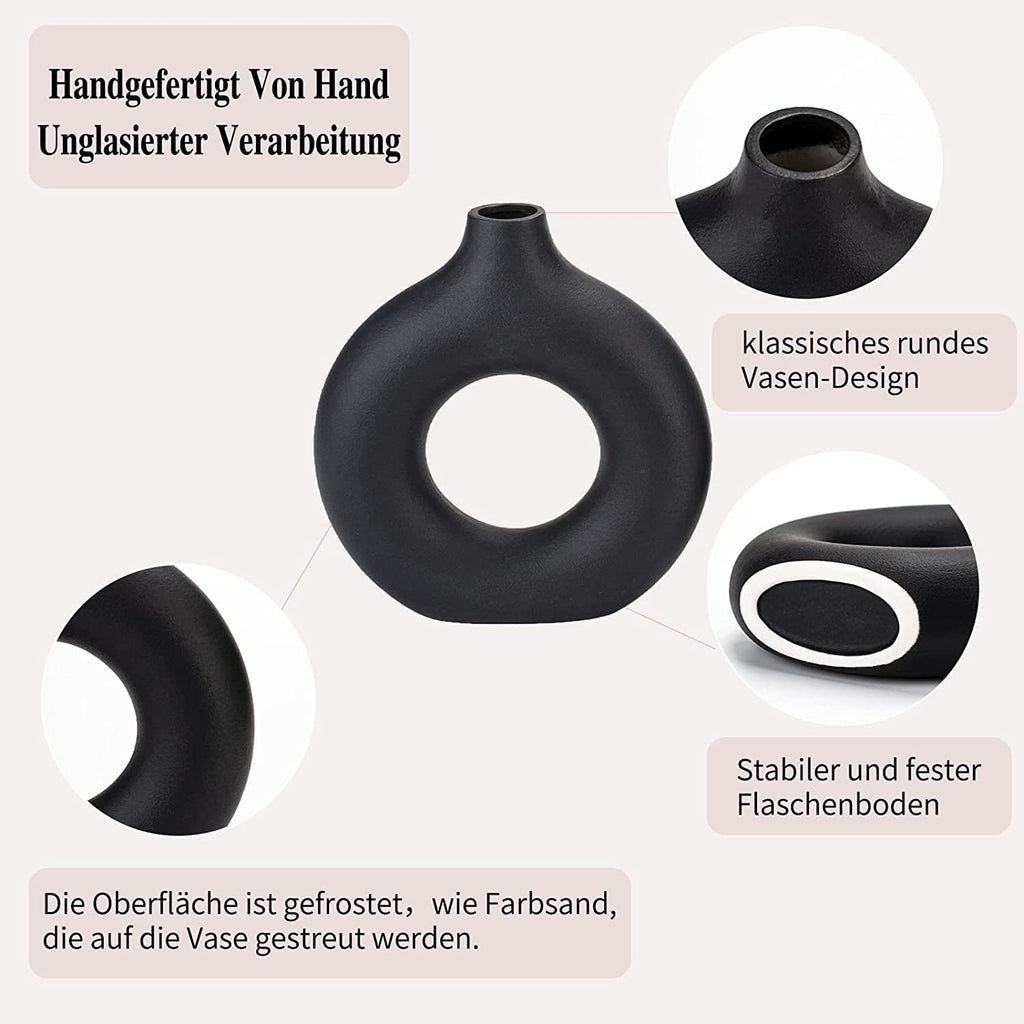 Set med 2 svarta donut keramiska vaser för modern heminredning, rund matt pampasgräs, Neutri bohemisk nordisk minimalism stil (stor och liten)