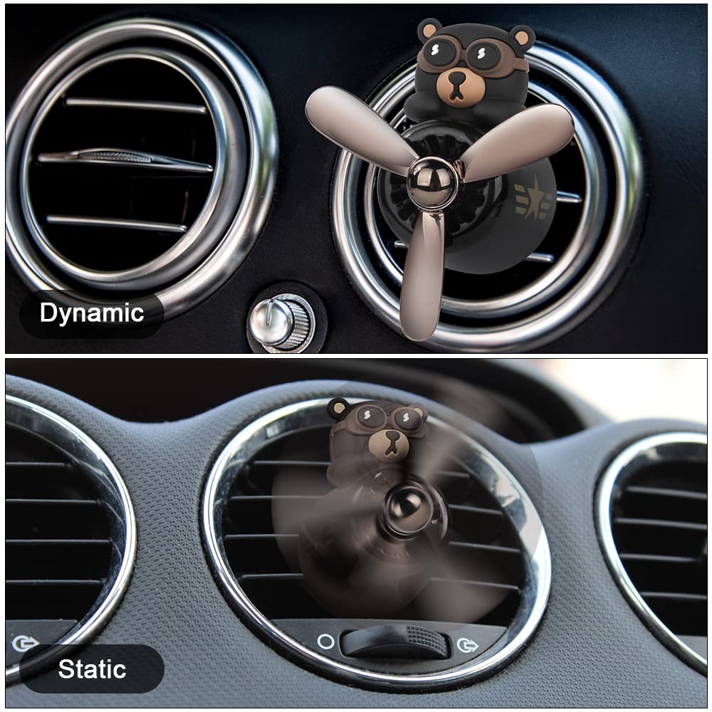 URAQT Bear Pilot retro flygplan luftfräschare, bilventilsklämma på luftfräschare med 2 st dofttabletter, personligt luftutlopp biltillbehör med roterande propeller för bil, fläkt (svart)