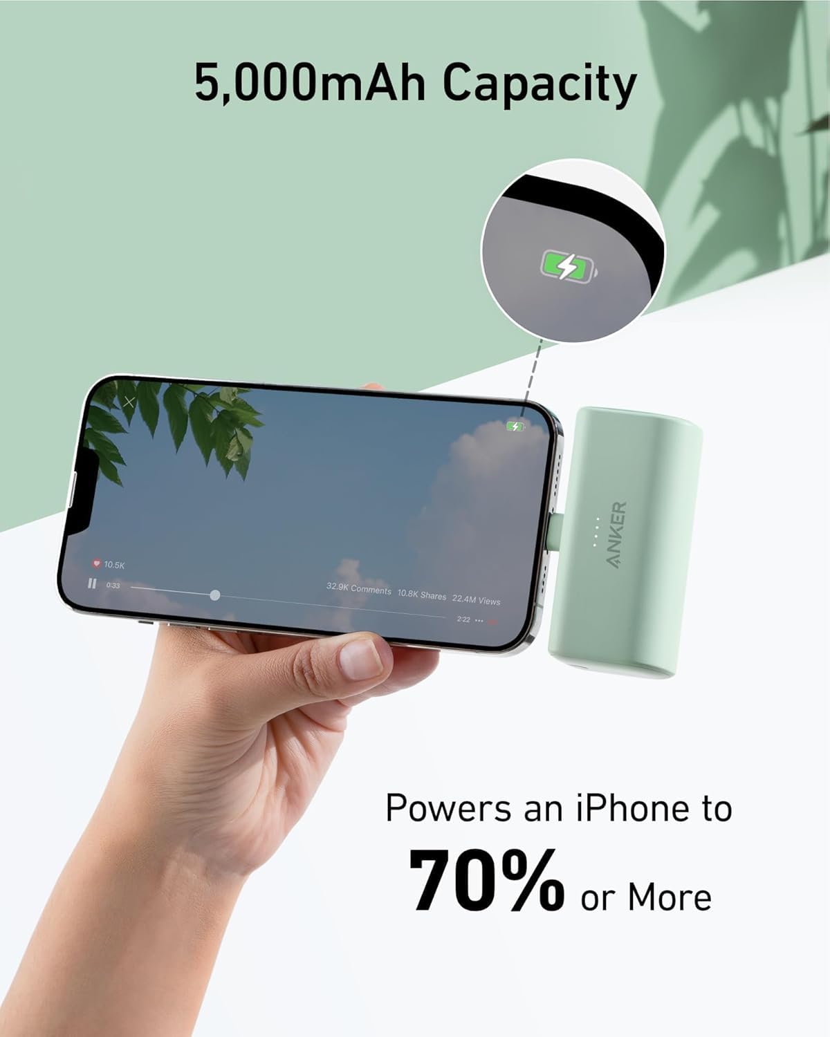Anker 621 powerbank med integrerad Lightning-kontakt, 5 000 mAh MFi-certifierad 12 W externt mobiltelefonbatteri, kompatibel med iPhone 16/16 Pro/16 Plus/16 Pro Max, iPhone 15 och 14-serien