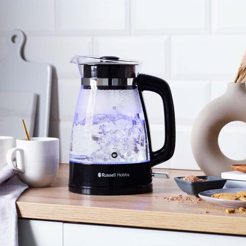 Russell Hobbs Vattenkokare i glas, 1.7l, 2400W, blå LED-belysning, snabbkokningsfunktion, avtagbart lock, perfekt hällpip, 360° bas med sladdförvaring, Classic 26080-70