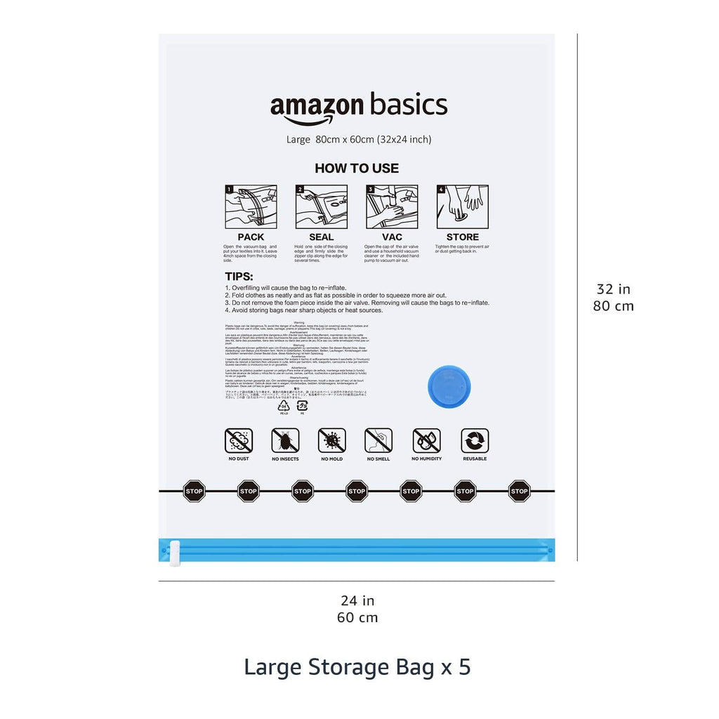 Amazon basics vakuumpåse för kläder med lufttät ventil och handpump – stor, 5-pack, dragkedja, transparent