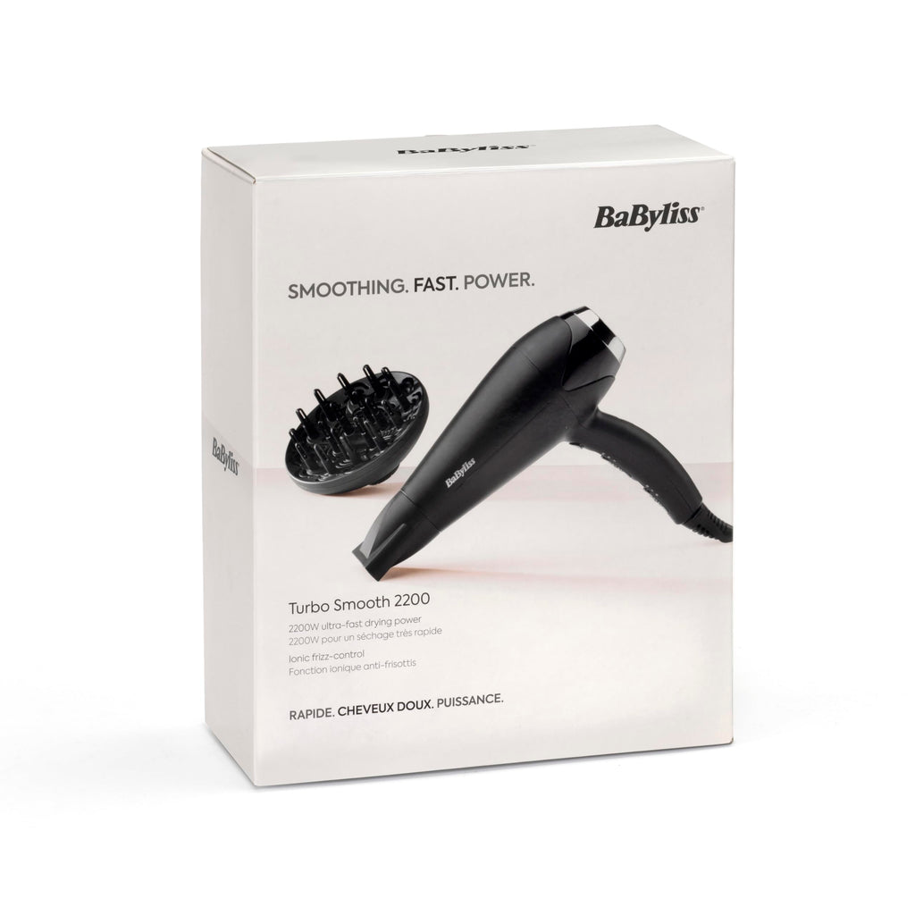 BaByliss Turbo Smooth Hårfön - 2200 W Kraftfull Hårtork, Stor Diffuser, Joniserad Frissfri Styling, 3 Värme- & 2 Hastighetsinställningar, Svart, D572DE