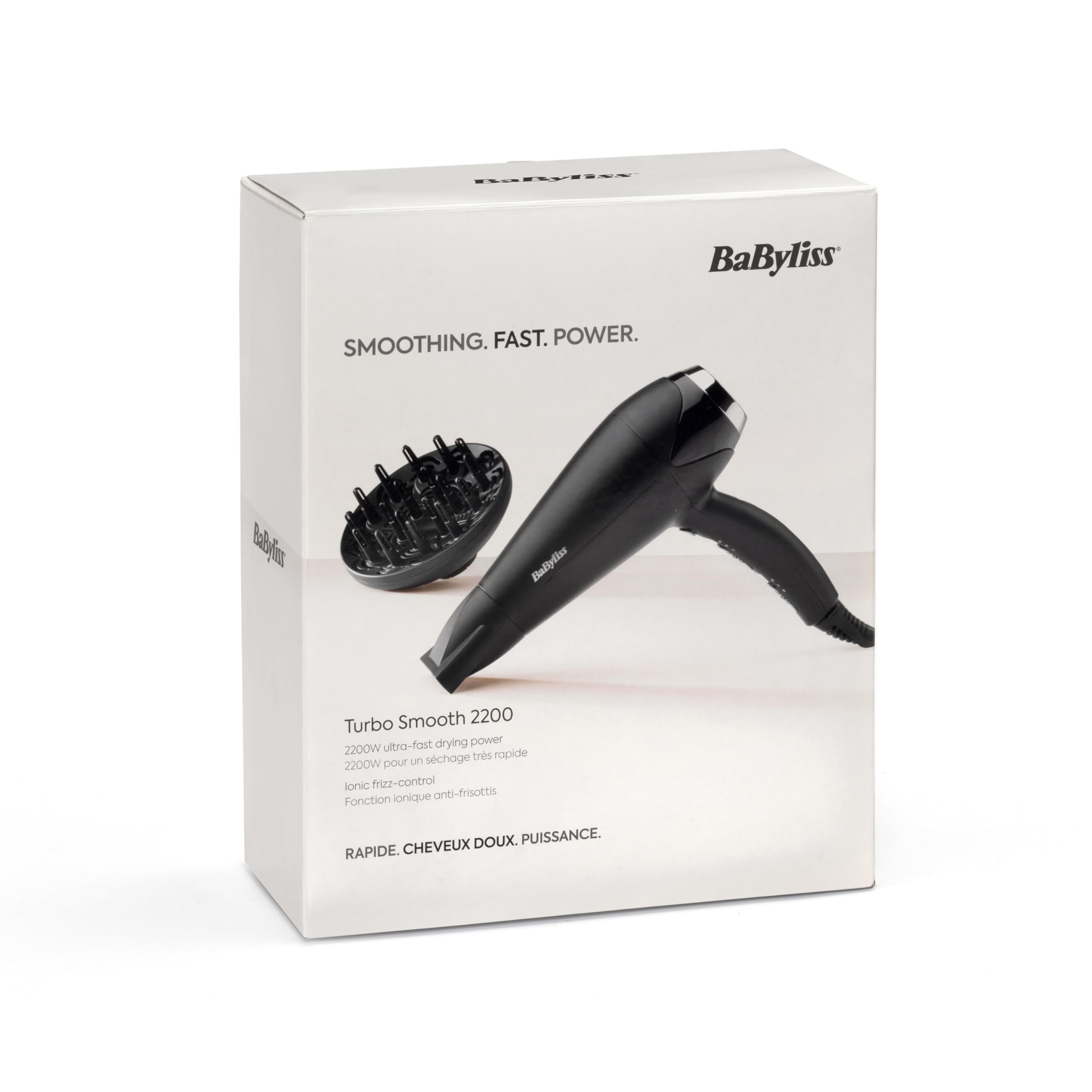 BaByliss Turbo Smooth Hårfön - 2200 W Kraftfull Hårtork, Stor Diffuser, Joniserad Frissfri Styling, 3 Värme- & 2 Hastighetsinställningar, Svart, D572DE