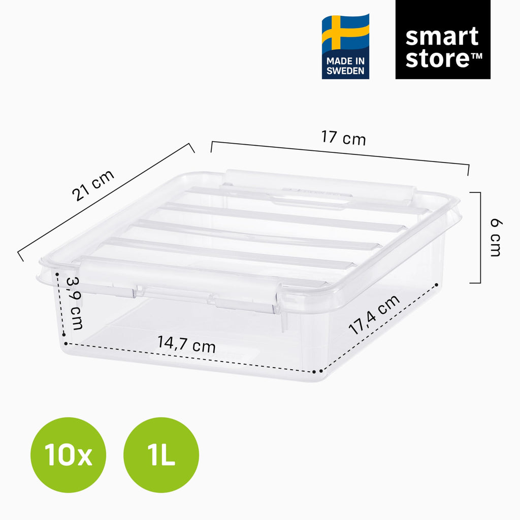 SmartStore 1 L x 10-st - Små Förvaringslådor i plast med lock - 10 års garanti - livsmedelssäker - clips - stapelbara- BPA-fri- 21 x 17 x 6 cm