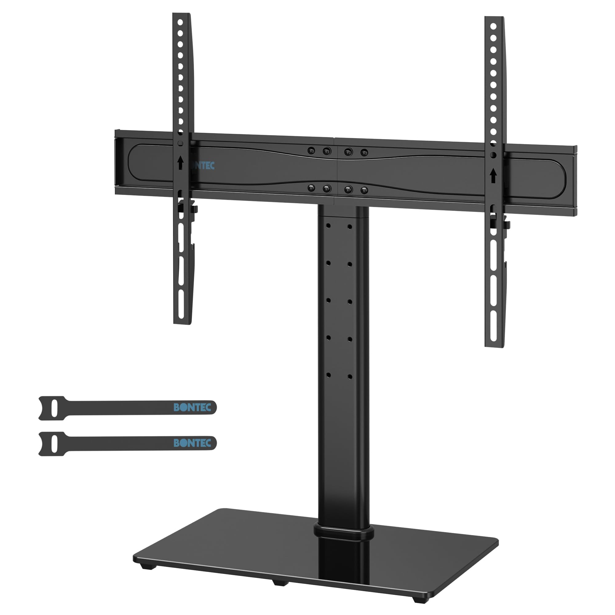 BONTEC Universellt Bordsskiva Piedestal TV Stativ med Fäste för 26"-65" LCD/LED/Plasma-TV – Höjdjusterbart Stativ med 8mm Härdat Glasbas och Kabelhantering–Stöder upp till 45kg och Max. VESA 600x400mm