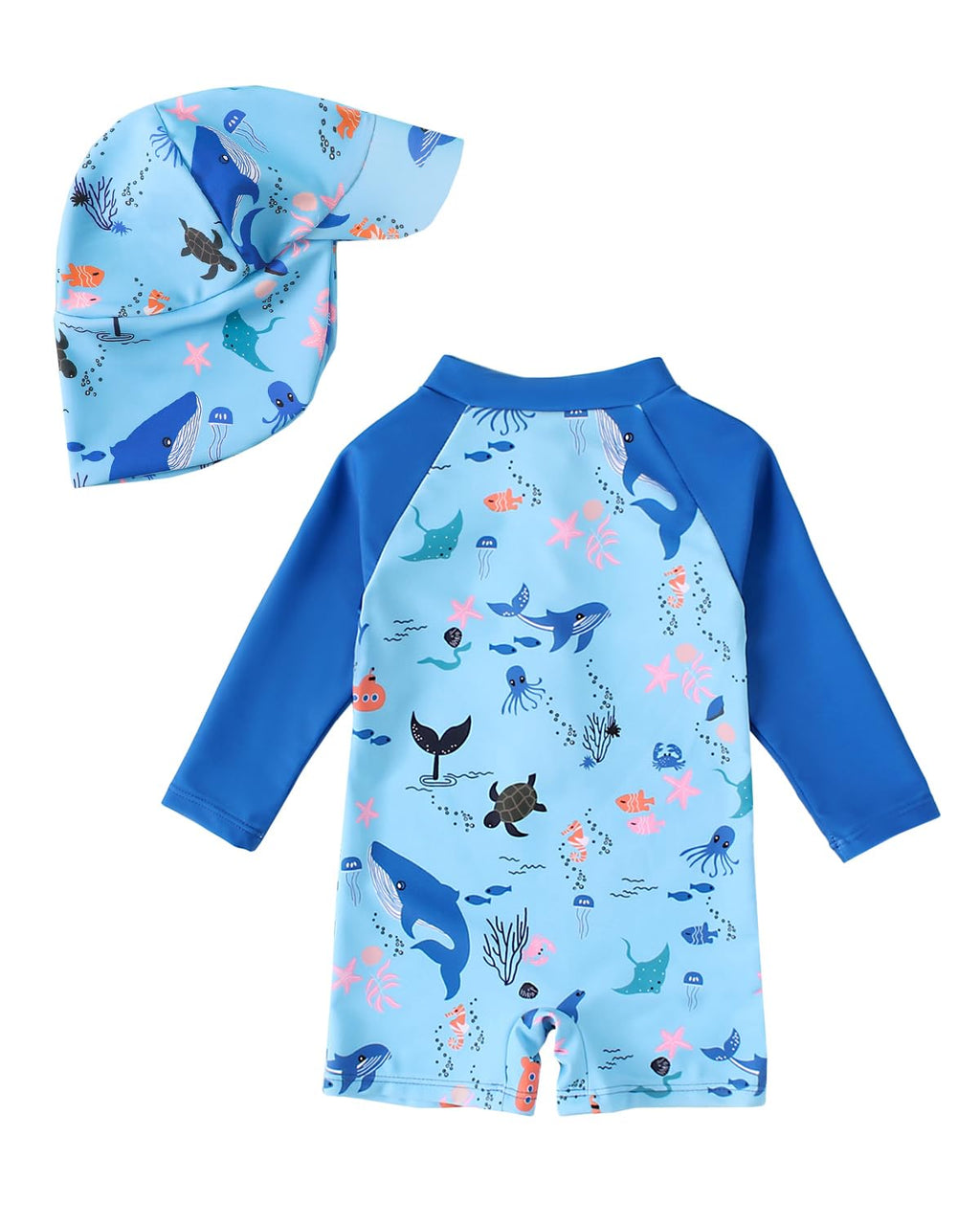 JiAmy Baddräkt med solhatt för småbarn, baby, pojke, långärmad baddräkt med dragkedja, rash guard, baddräkt i ett stycke, baddräkt med solskydd, solskyddsplagg för stranden