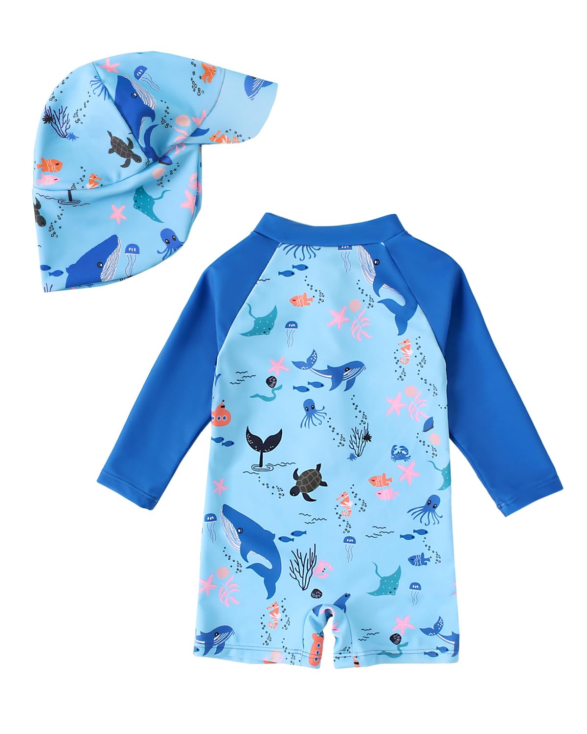 JiAmy Baddräkt med solhatt för småbarn, baby, pojke, långärmad baddräkt med dragkedja, rash guard, baddräkt i ett stycke, baddräkt med solskydd, solskyddsplagg för stranden