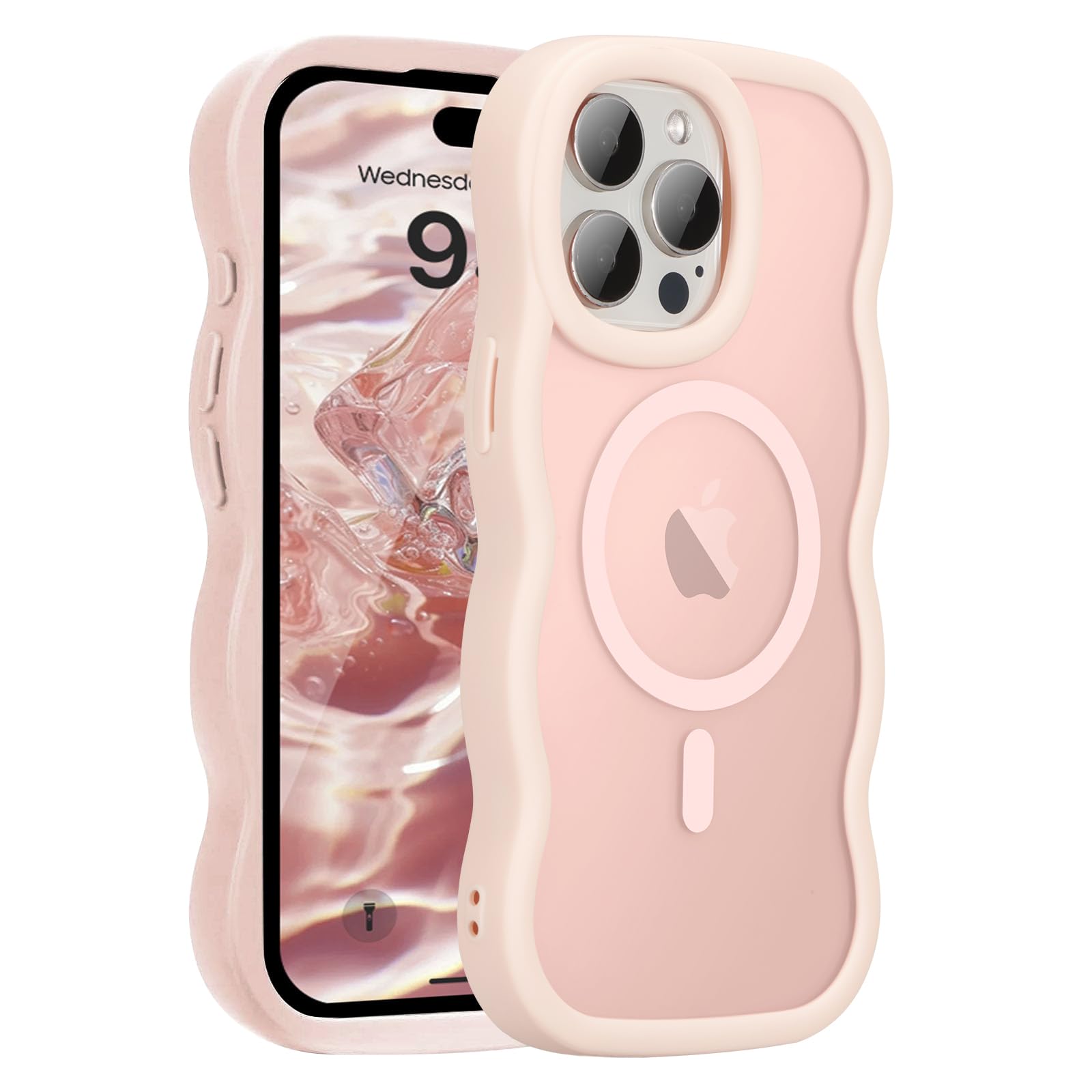 UEEBAI Magnetiskt skal för iPhone 12/12 Pro, sött skal kompatibelt med MagSafe, 2025, transparent klar design, vågig ram, matt telefonskal, rosa