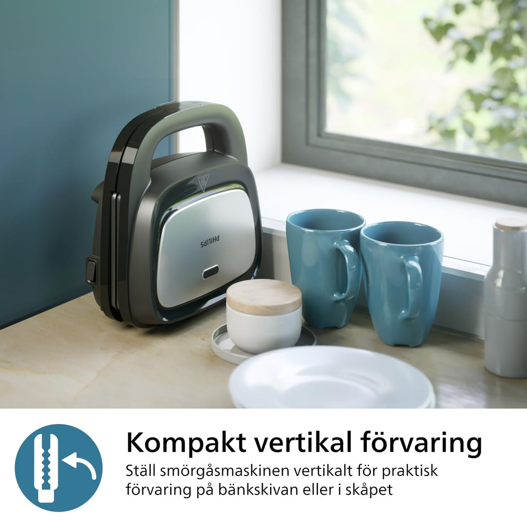 Philips 5000-serien smörgåsmaskin – 3 plattor för paninis, smörgåsar och våfflor. Grillplattor med nonstick. Cut-and-Seal. 750W Effekt. Svart (HD2350/80)