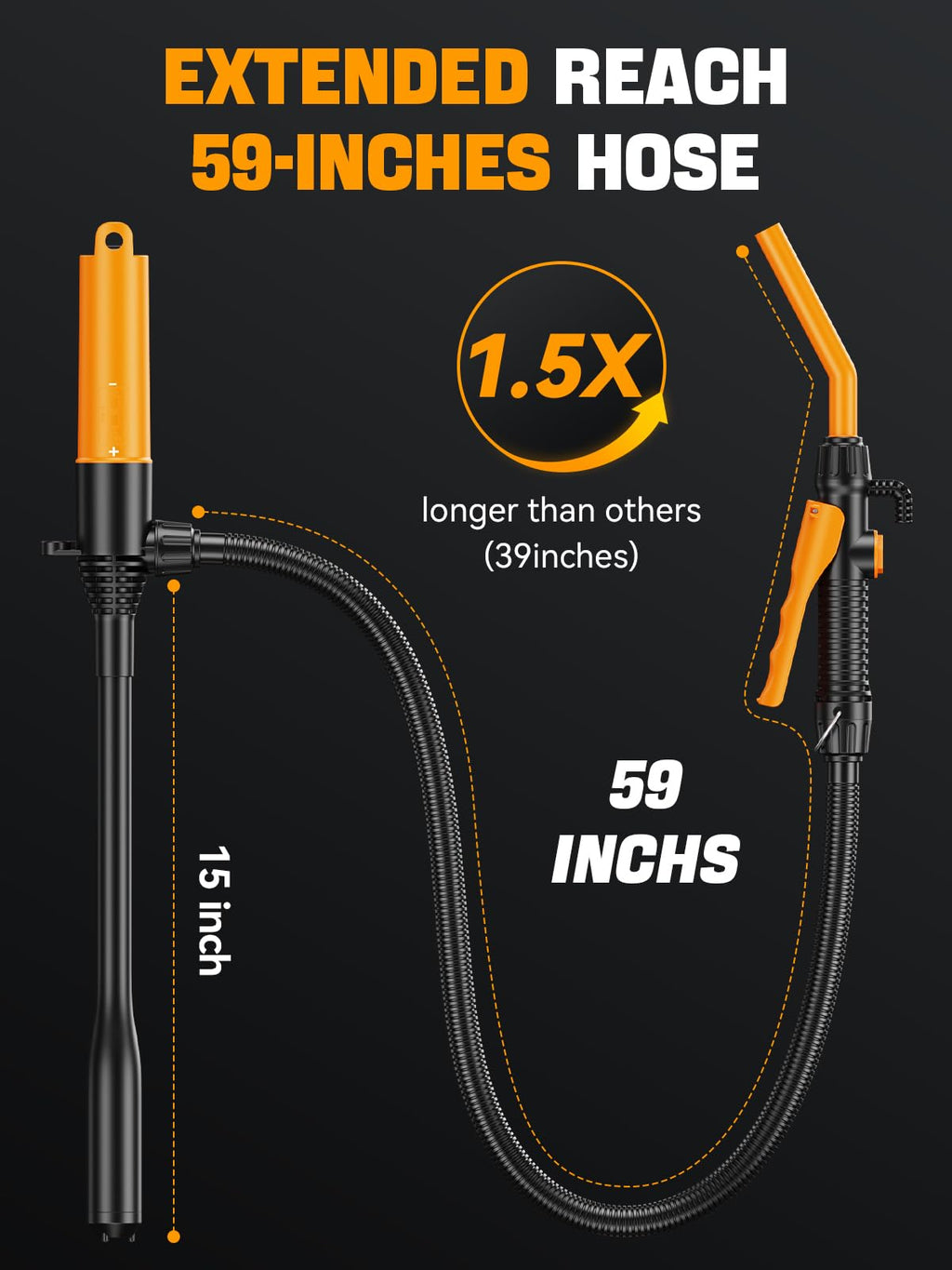 E1 bränsleöverföringspump - 2,6 GPM-batteri bärbar sifonpump med kontrollerat flöde och 150 cm (59 tum) vattentät slang för bensin, gas och vatten