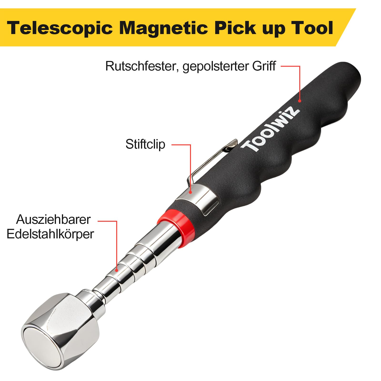 Toolwiz Teleskopiskt Magnetiskt Upphämtningsverktyg 7.2kg/16lb, Utdragbart till 76cm/30tum Pickup Pinne med Magnet, Retriever Stav Idealisk för Att Hämta Metallobjekt Från Svåråtkomliga Platser