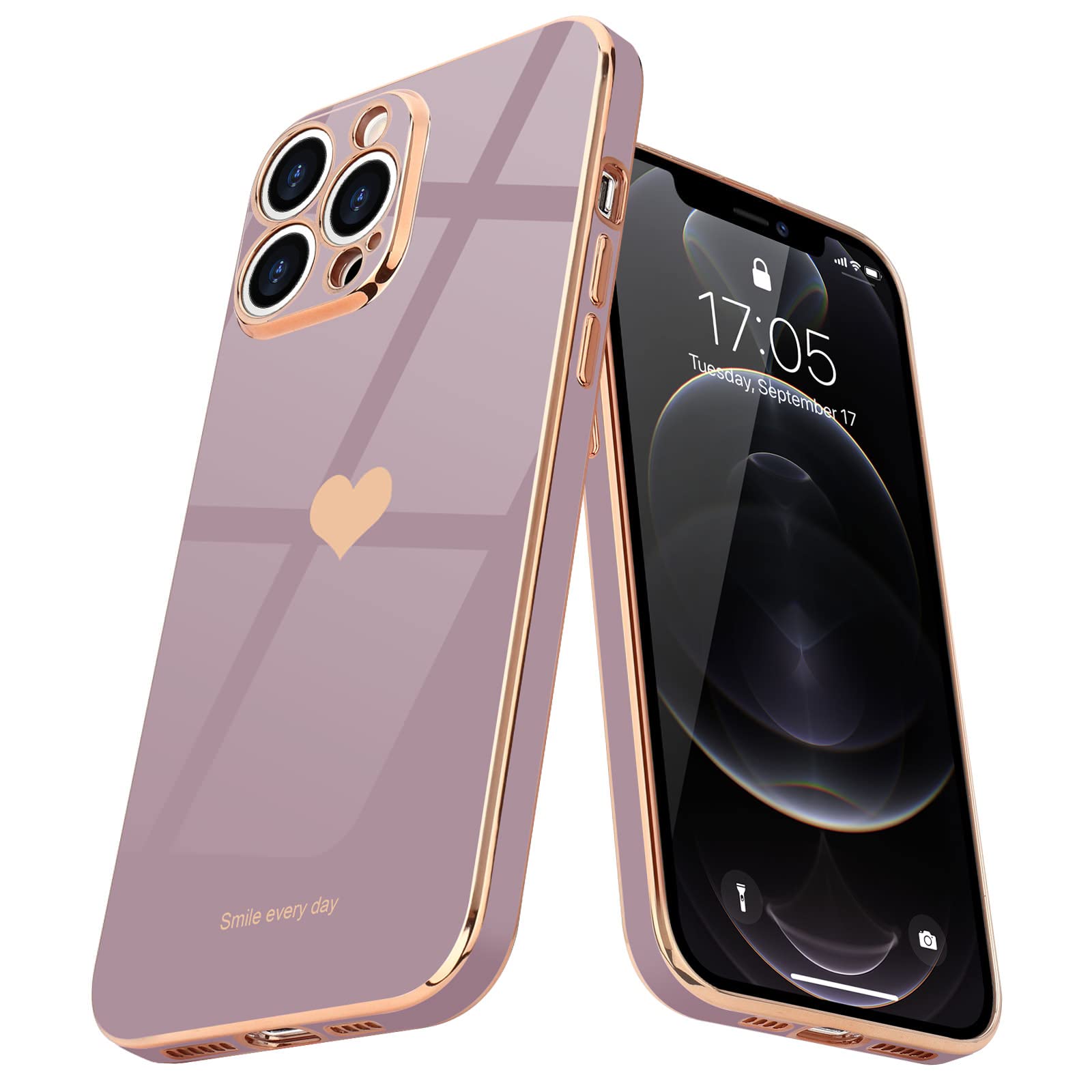 Teageo Fodral kompatibelt med iPhone 12 Pro Max, guldgalvaniserat TPU-silikon med kärleks-hjärtmönster, stötsäkert fodral för flickor och kvinnor, skyddsfodral för iPhone 12 Pro Max (Sakura Lila)