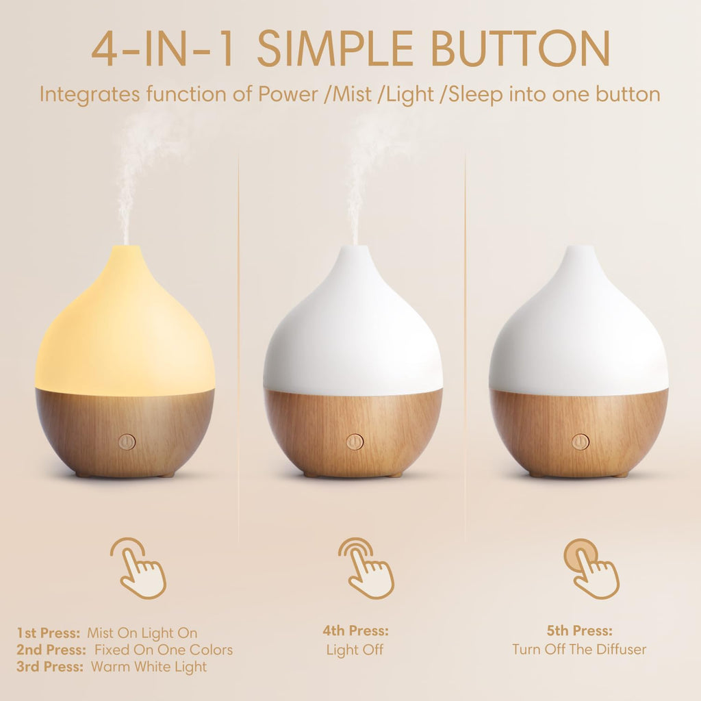 SALKING Aroma Diffuser, 100 ml, liten, ultraljuds aromaterapi-diffuser, för eteriska oljor, med automatisk avstängningsfunktion, varmvit ljus, vitt träfiber, diffusor för hem, kontor eller yoga