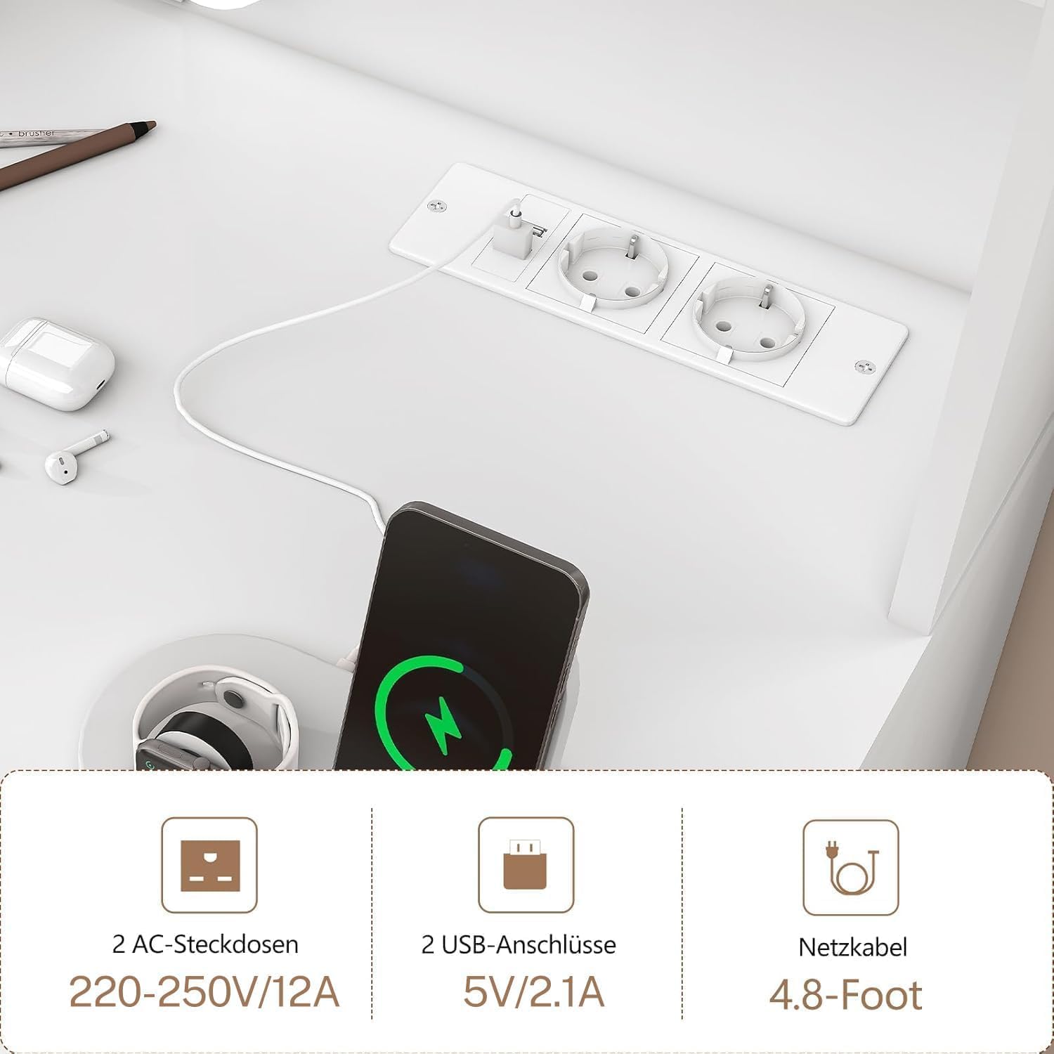 TEENFON Stor Sminkbord med Spegel Belysning, Sminkbord med Justerbart LED-ljus och uttag, Toalettbord med 7 lådor, 4 öppna hyllor och 5 smyckeshakar för sovrum, vit