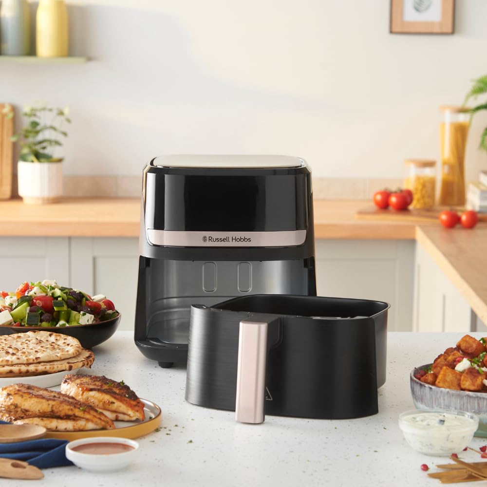 Russell Hobbs Air Fryer 4.3L Rapid Airfryer [Kompakt design, 9 program] satisfry Diskmaskinssäkra delar, max 200°C, Oljefri matlagning, Pekskärm, Varmhållning, Stek, Baka, Grill 27610-56