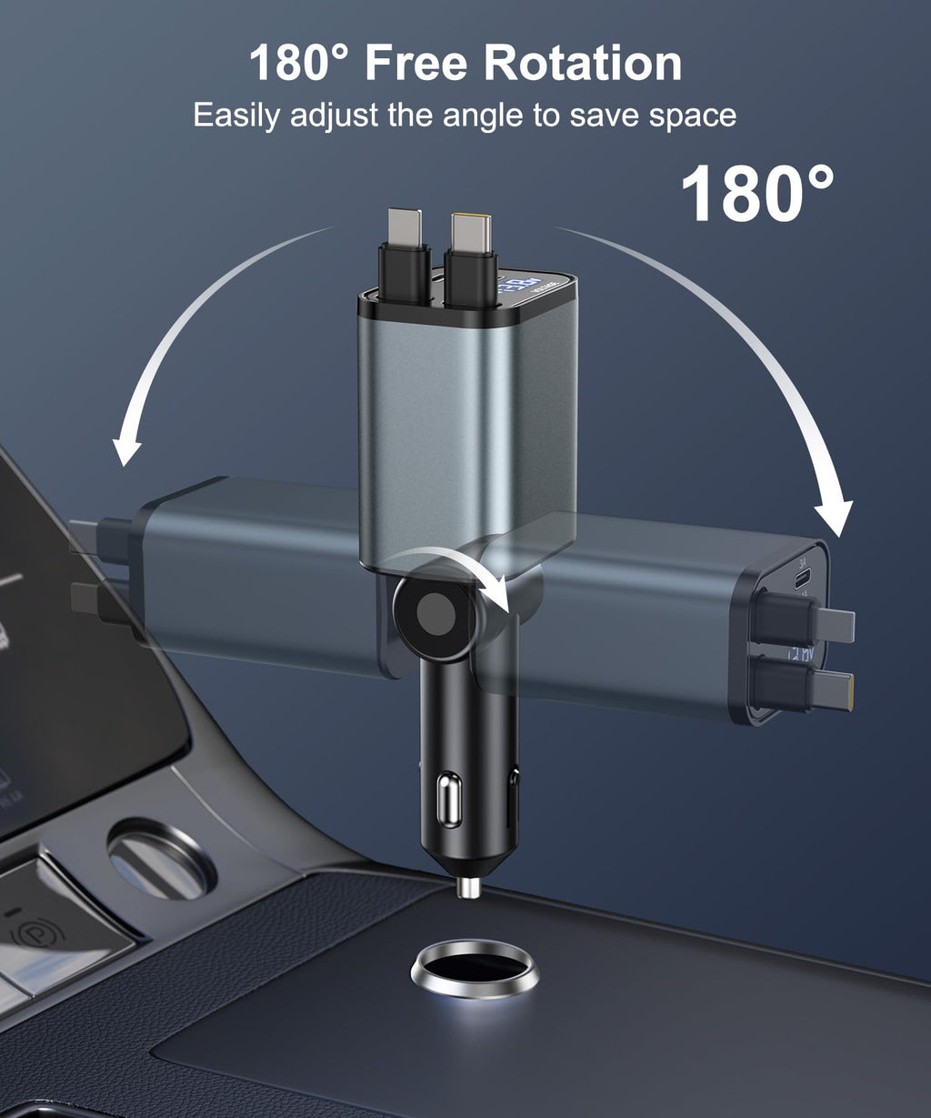 Gritin Infällbar Billaddare, 69W Supersnabb 4-i-1 USB C Billaddaradapter med Smart Enhet - Adaptiv Laddningsteknik och Omedelbar Spänningsdisplay, Tillbehör för iPhone 16 15, iPad, Android etc.
