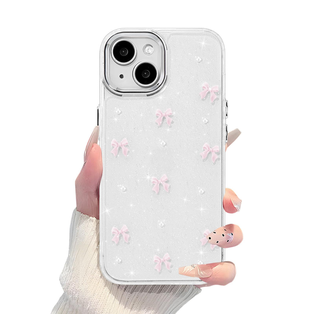 EYZUTAK Skal för iPhone 13/iPhone 14, glittrigt 3D-rosettskal, söt, gnistrande, kristallklar design, tunt, mjukt och hållbart genomskinligt TPU-skal, rosa rosett