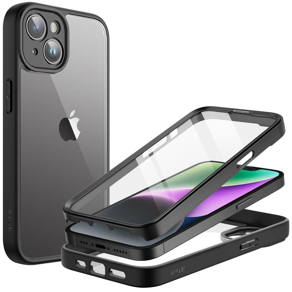 JETech Fodral för iPhone 14 6,1-Tum med Inbyggt Härdat Glas Skärmskydd, Kamera Fullständig Rundstrålande Skydd, Stötsäkert Bumper Mobilskal Genomskinlig Baksida, HD Film (Svart)