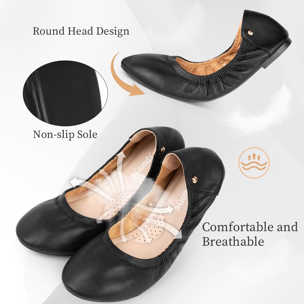 OFFCUP Ballerina för kvinnor, läderballerinor, dam, svarta ballerinor, mjuk, bekväm, enkel, mångsidig, lätt, dämpande och halkfri