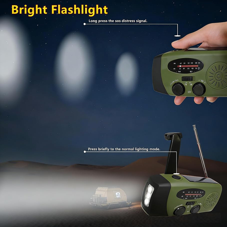 2 000 mAh uppfällbart solradio, nödbärbar handvevad väderradio, uppladdningsbar powerbank, 2-läges LED-ficklampa med SOS-larm LED-ficklampa, USB-telefonladdare, för nödsituationer, camping (grön)