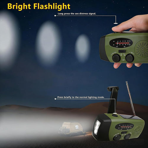 2 000 mAh uppfällbart solradio, nödbärbar handvevad väderradio, uppladdningsbar powerbank, 2-läges LED-ficklampa med SOS-larm LED-ficklampa, USB-telefonladdare, för nödsituationer, camping (grön)