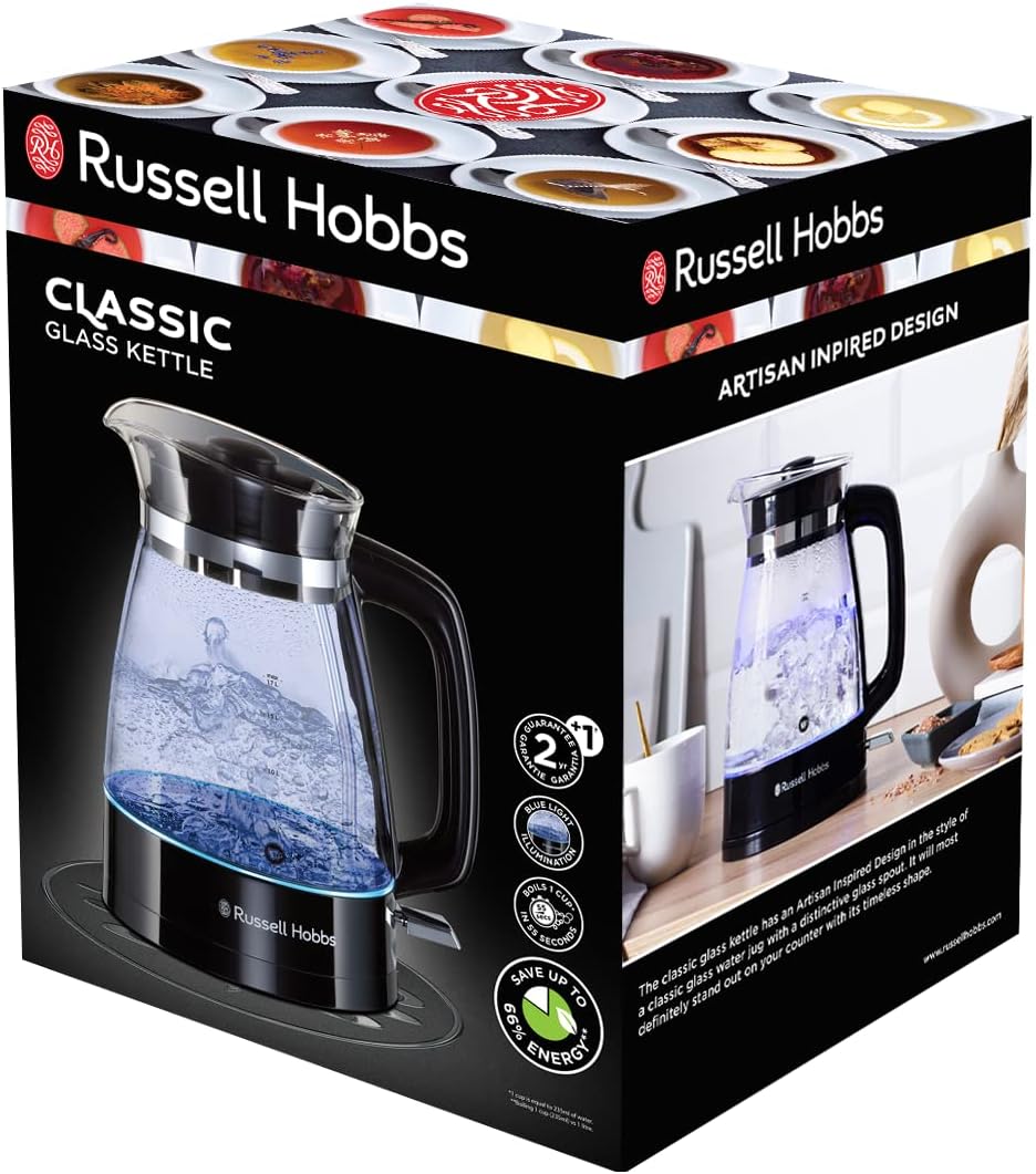 Russell Hobbs Vattenkokare i glas, 1.7l, 2400W, blå LED-belysning, snabbkokningsfunktion, avtagbart lock, perfekt hällpip, 360° bas med sladdförvaring, Classic 26080-70