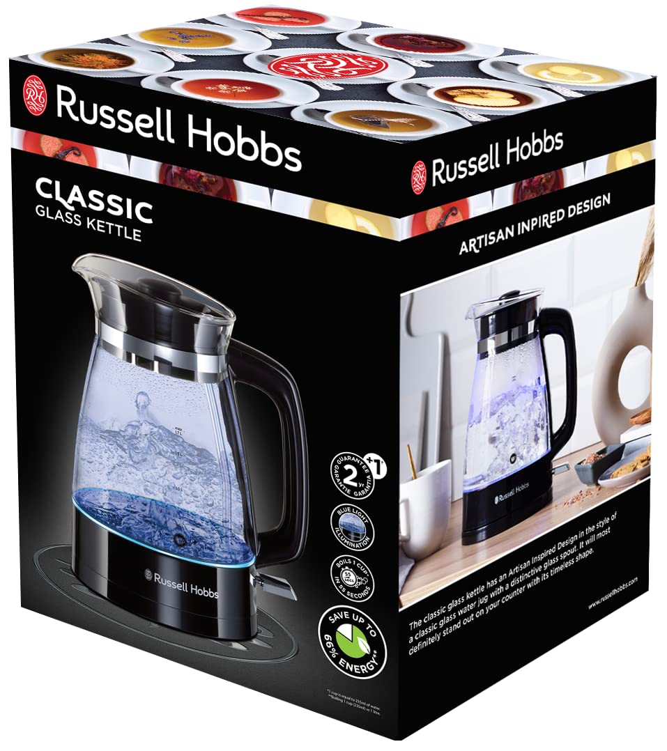 Russell Hobbs Vattenkokare i glas, 1.7l, 2400W, blå LED-belysning, snabbkokningsfunktion, avtagbart lock, perfekt hällpip, 360° bas med sladdförvaring, Classic 26080-70