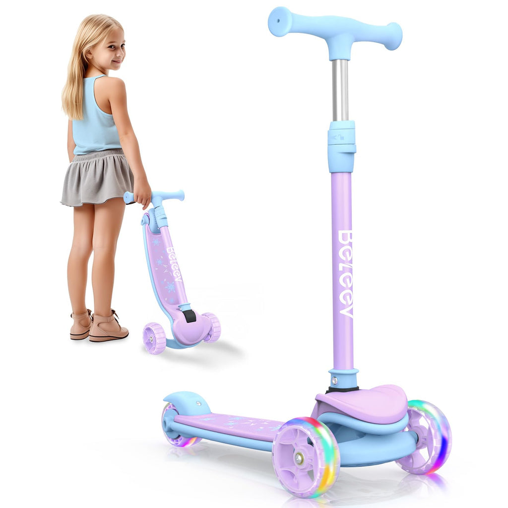 BELEEV A8 sparkcykel för barn 3–12 år, vikbar sparkcykel 3 hjul barn med LED-ljus, 4 höjder justerbar, halkfri däck, sparkcykel för barn och flickor, barngåva
