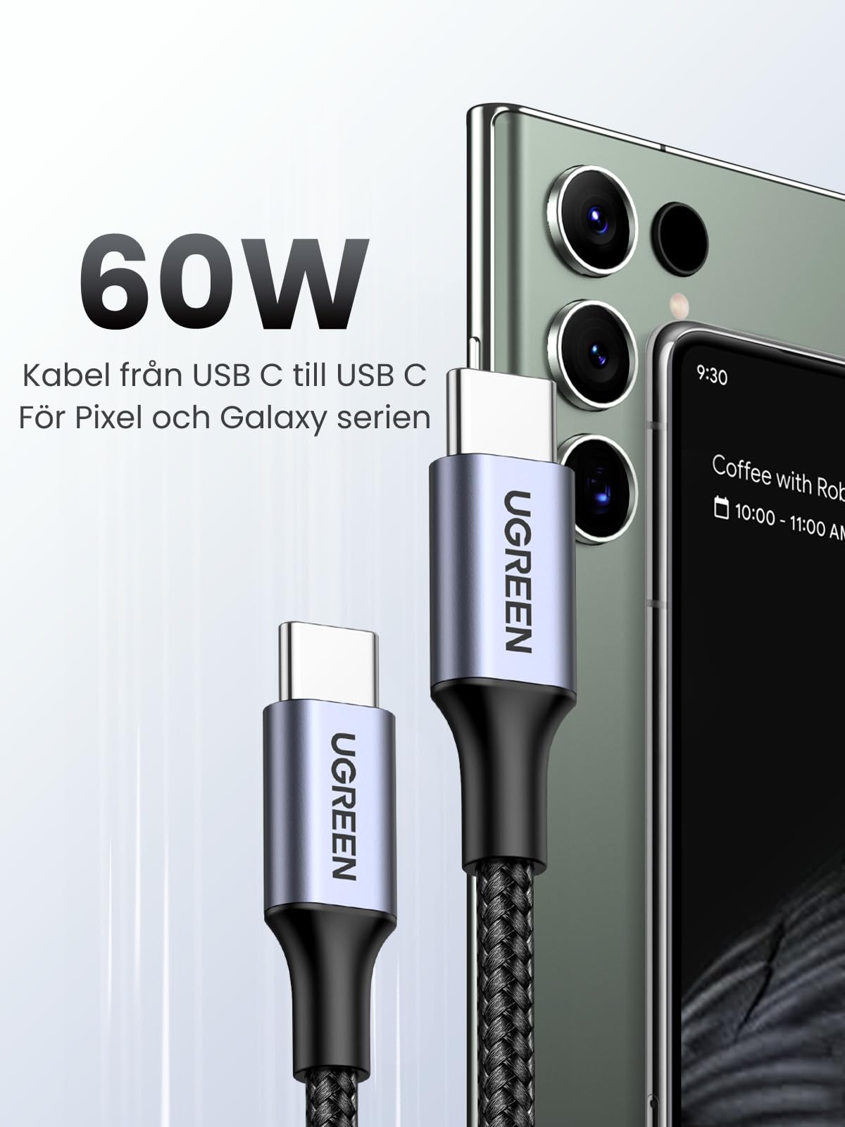 UGREEN 60 W USB C-kabel PD 3.0, PPS Ladekabel kompatibel med iPhone 15 Pro Max Galaxy S25 MacBook Air M2 iPad Pro 12.9 iPad Air 5/Mini 6, Pixel 7 Pro.(1M)