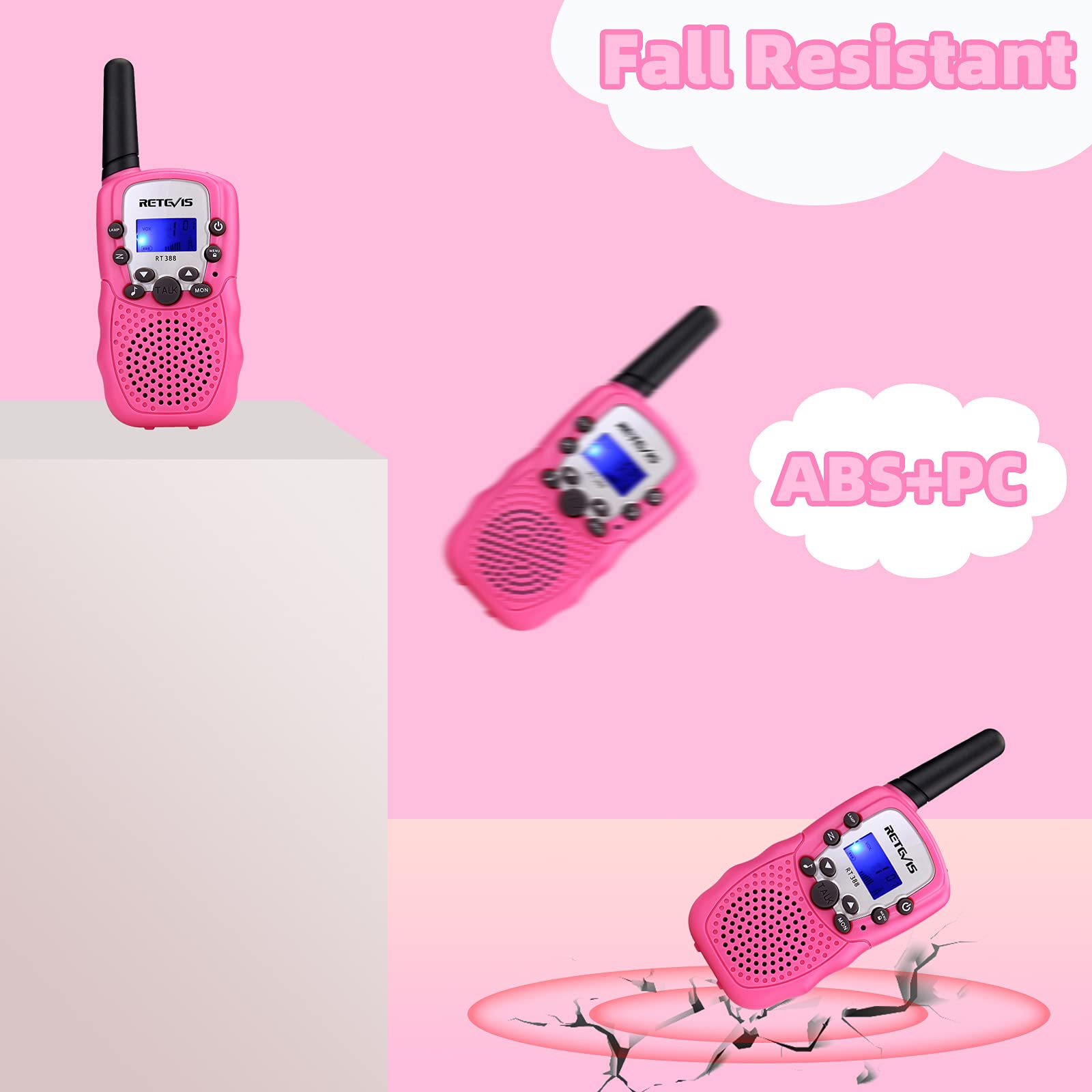 Retevis RT388 Walkie Talkie Pojkar Flickor, 8-Kanaler Lcd-SkäRm Vox-Funktion 10 Samtalstoner Inbyggd Ficklampa Leksak Spresent för Campinglov Skolaktiviteter (Rosa, 1 Par)