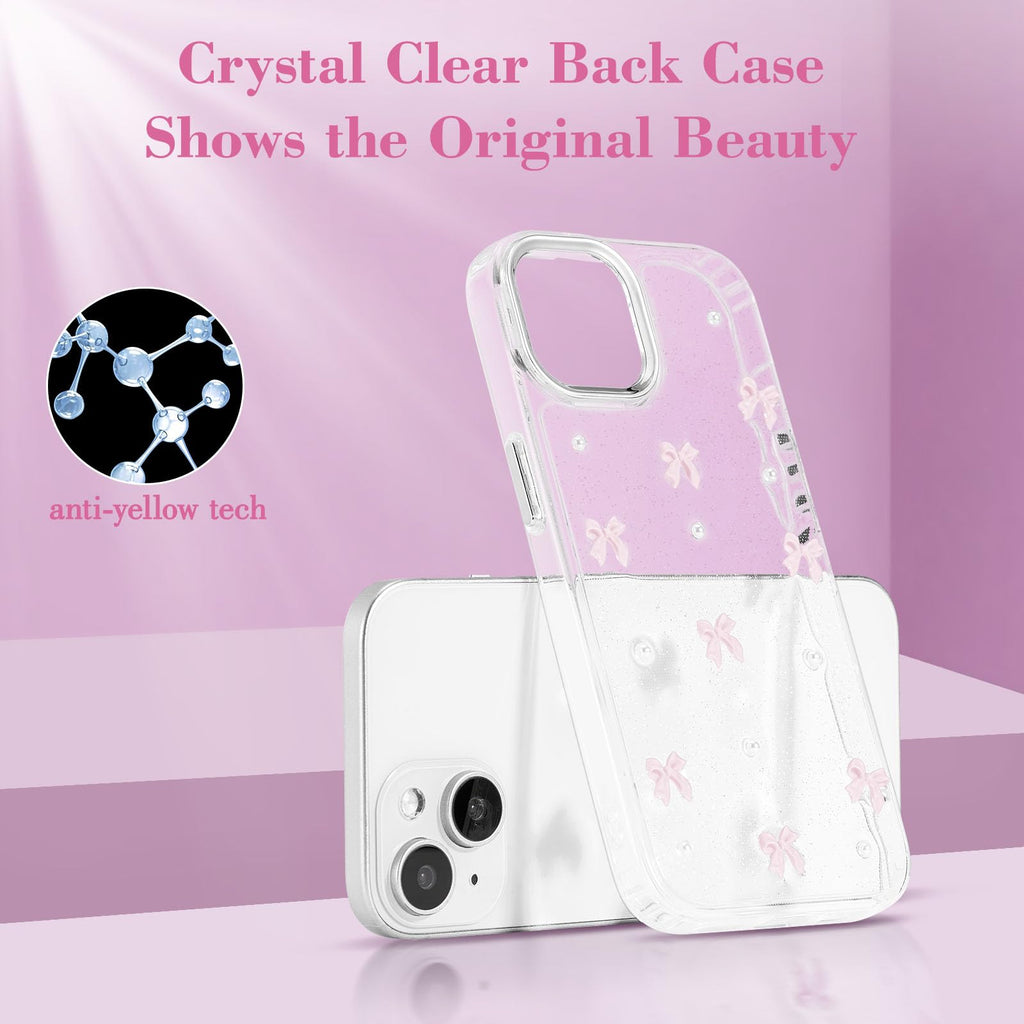 EYZUTAK Skal för iPhone 13/iPhone 14, glittrigt 3D-rosettskal, söt, gnistrande, kristallklar design, tunt, mjukt och hållbart genomskinligt TPU-skal, rosa rosett