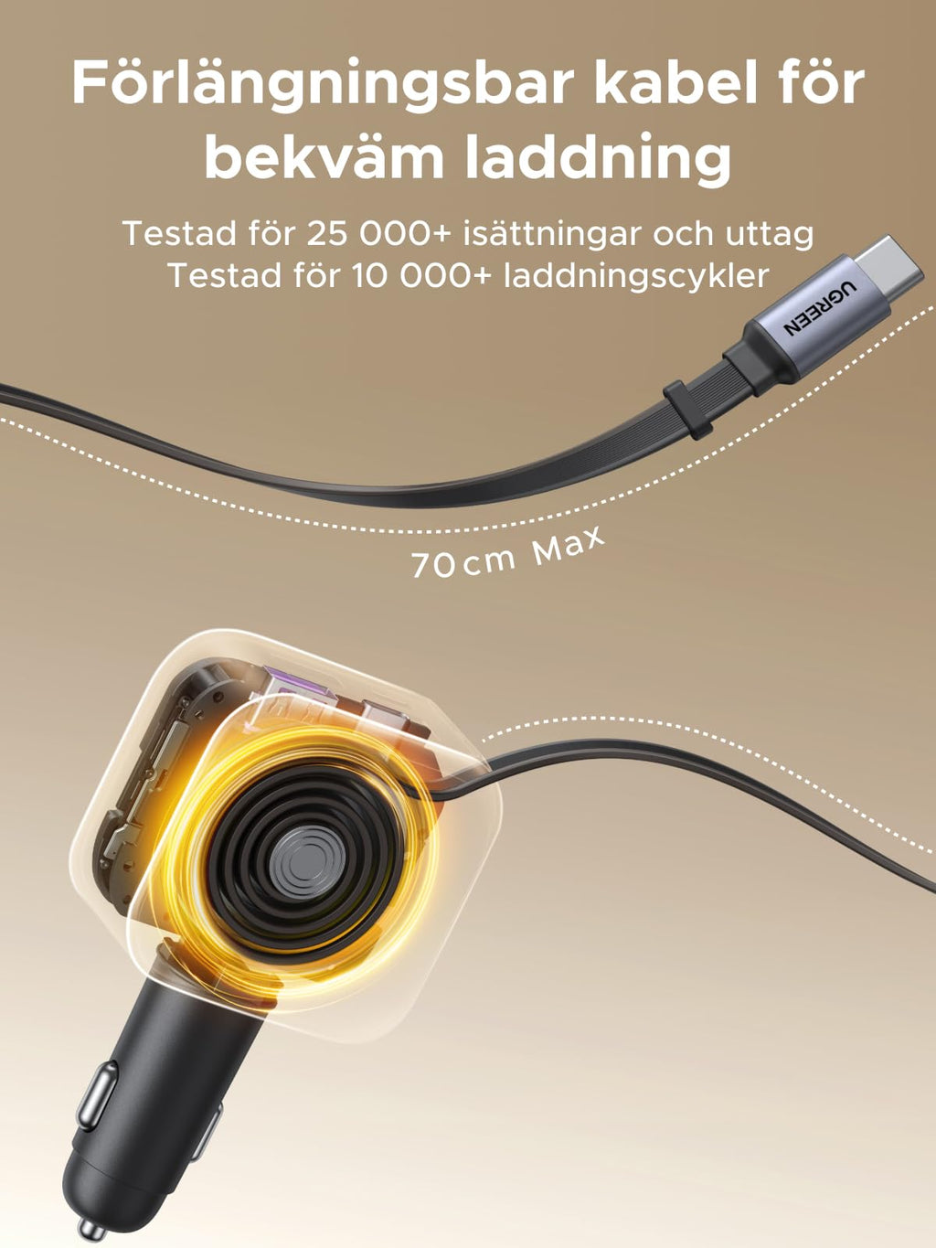 UGREEN 3-port cigarettändare 60W infällbar billaddare 30W integrerad USB C-kabel biltillbehör bil 12V adapter för iPhone 17/16/15, Galaxy S25/24, GPS etc.