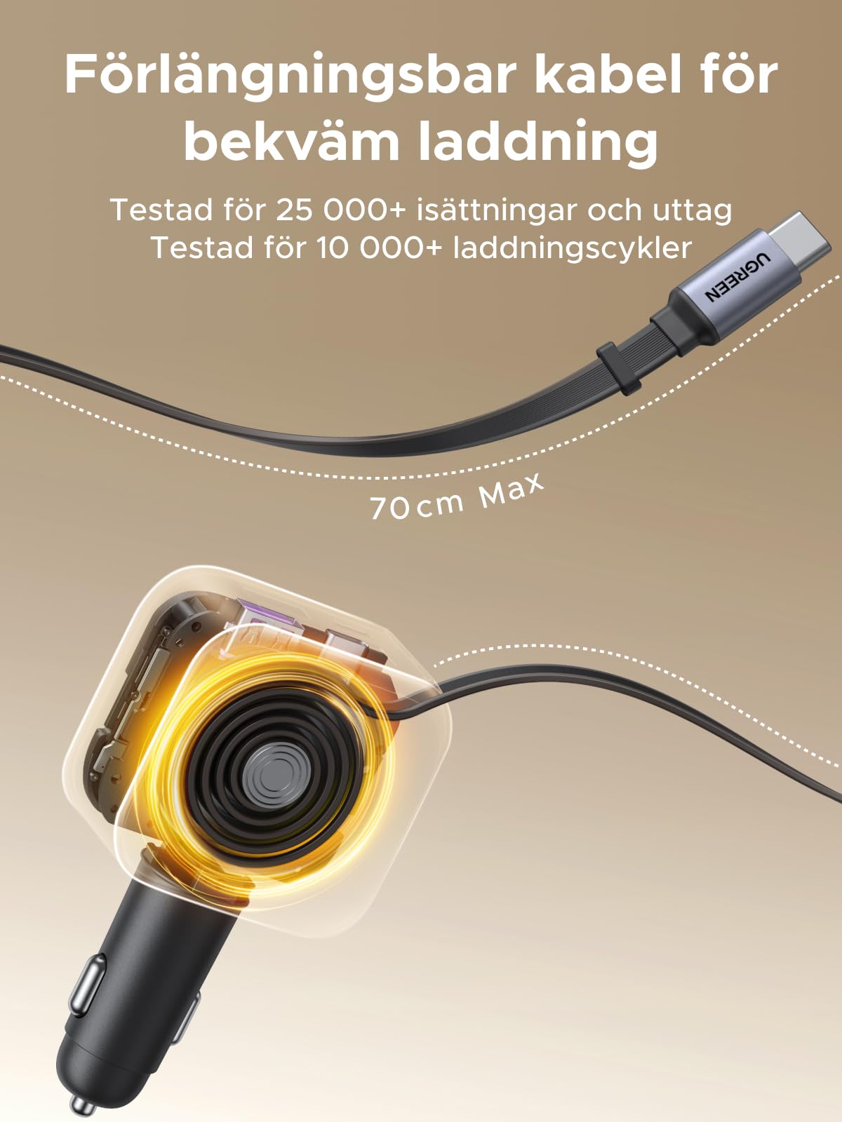 UGREEN 3-port cigarettändare 60W infällbar billaddare 30W integrerad USB C-kabel biltillbehör bil 12V adapter för iPhone 17/16/15, Galaxy S25/24, GPS etc.