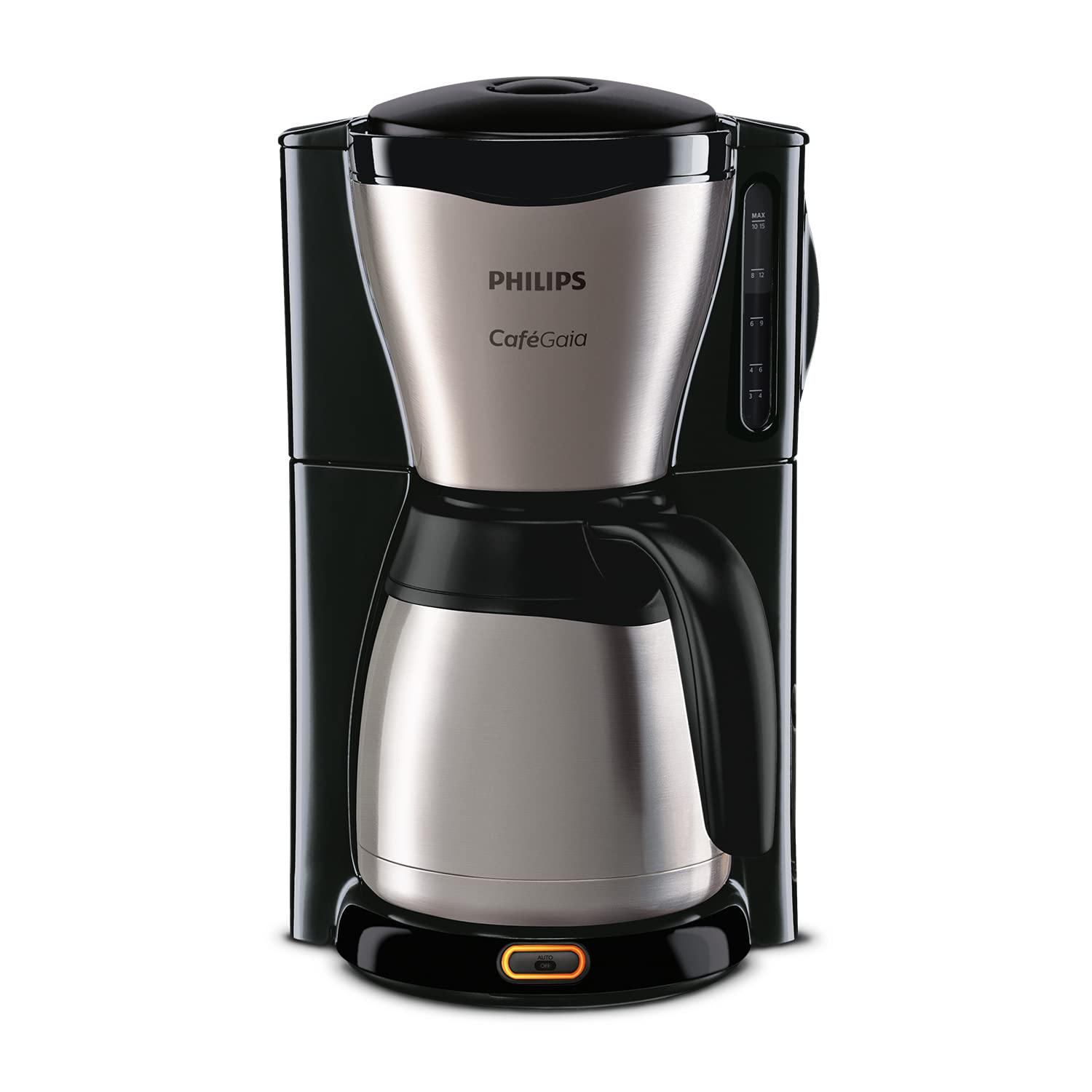Philips Café Gaia Kaffebryggare - Termoskanna i rostfritt stål, Håller värmen i 2 timmar, Automatisk avstängning, Droppstopp, Smart lås, 1,3 l kapacitet, Vattennivåmätare (HD7546/20)