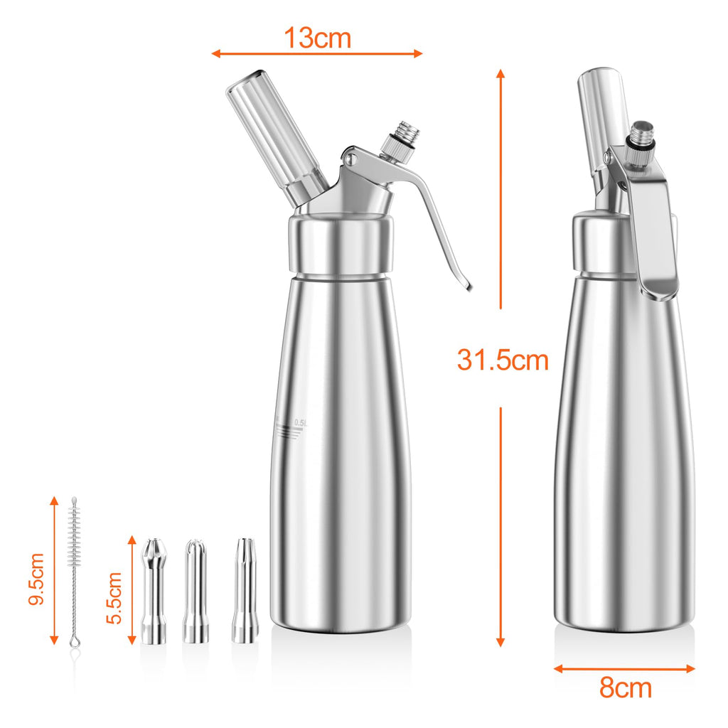 Newaner 500 ml grädddispenser/gräddsifon av aluminium med 3 dekorationsmunstycken av rostfritt stål och 1 rengöringsborste, läckagesäker, för beredning av vispgrädde, kräm, mousse och desserter