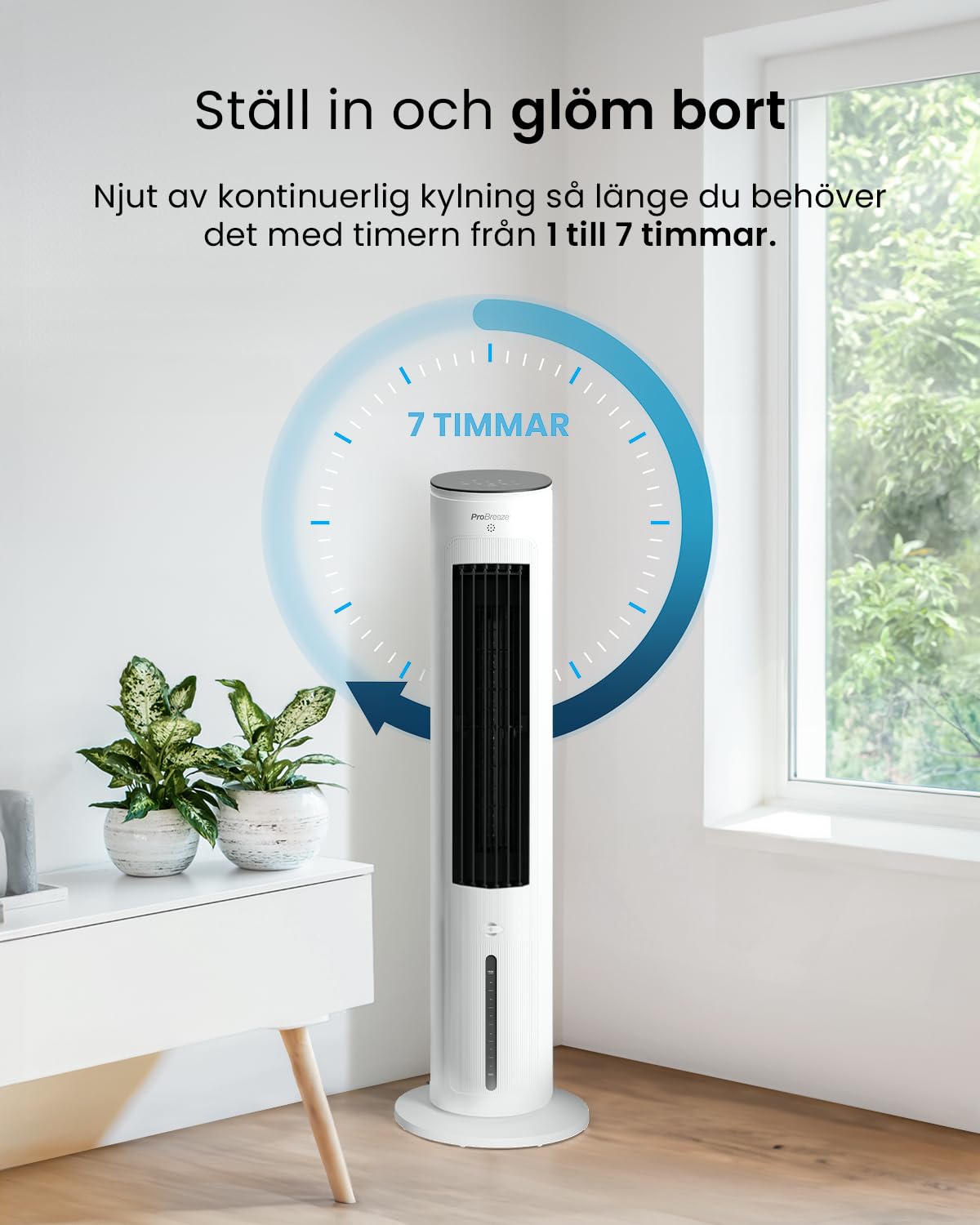 Pro Breeze 5 l mobil luftkylare med 3 fläktnivåer – tornfläkt med fjärrkontroll, automatisk växling, digital 7-timmars timer – luftkonditionering utan frånluftsslang för hem och kontor