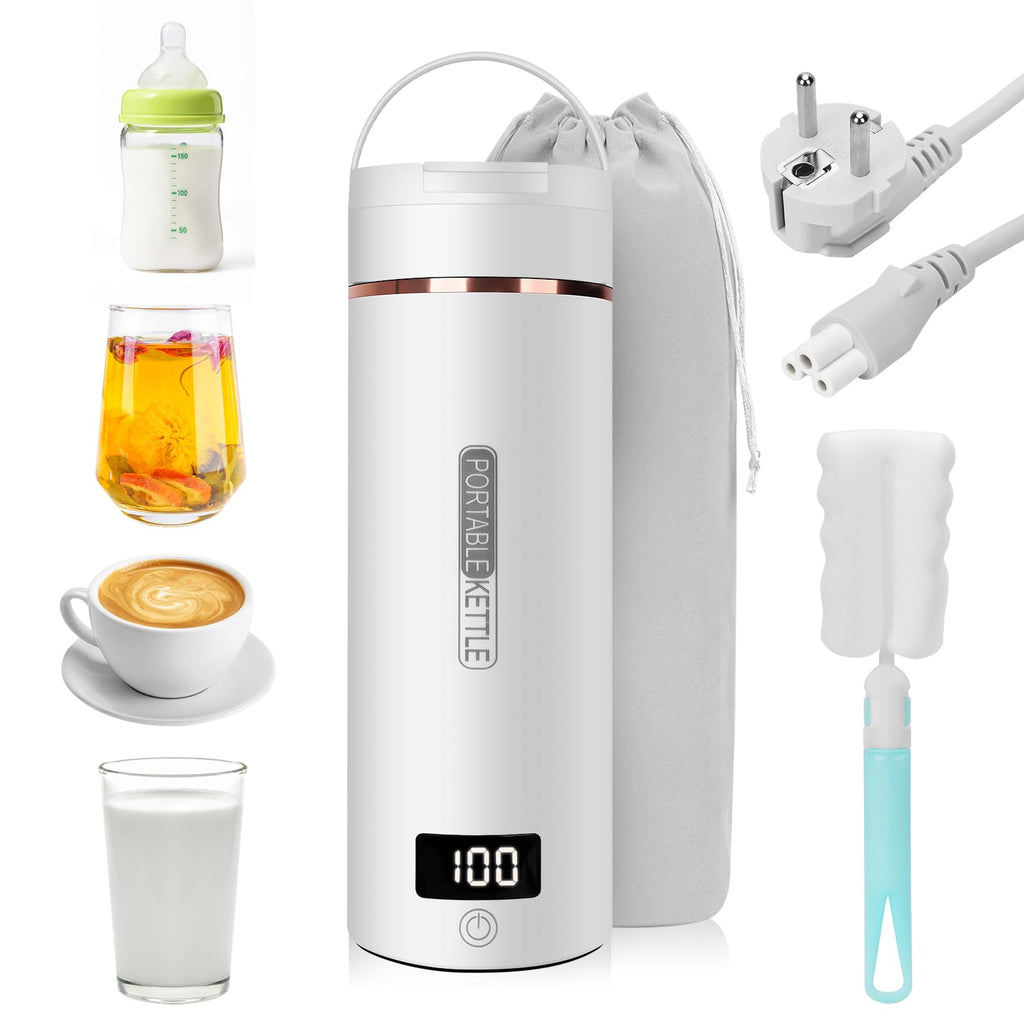 Mini elektrisk vattenkokare, 400 ml bärbar resevattenkokare med 6 temperaturinställningar, automatisk avstängd uppvärmning, med 316 rostfritt stål för te, kaffe, babymjölk