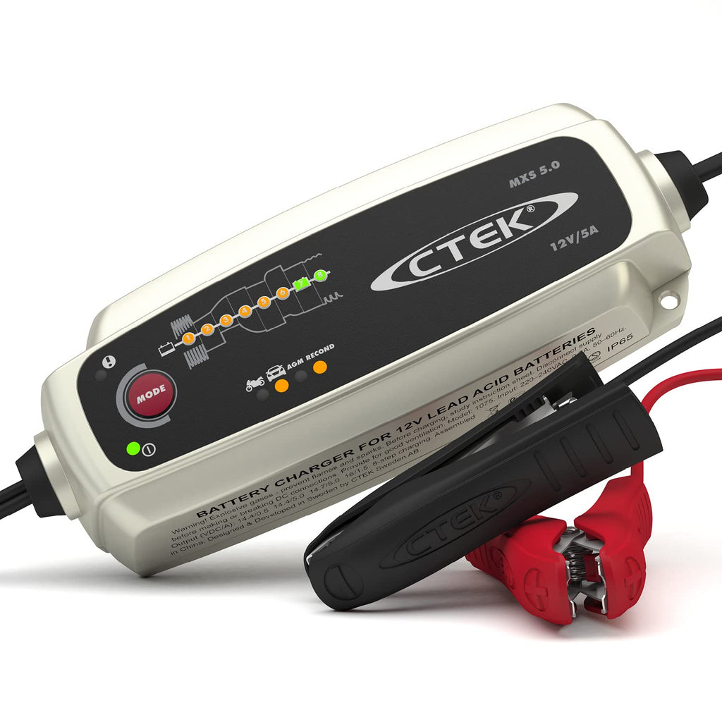 CTEK MXS 5.0, Batteriladdare 12V Med Inbyggd Temperaturkompensation, Motorcykel- Och Billaddare, Smart Batteriladdare, Batterihållare Med Rekonditioneringsläge Och Dedikerat AGM-läge