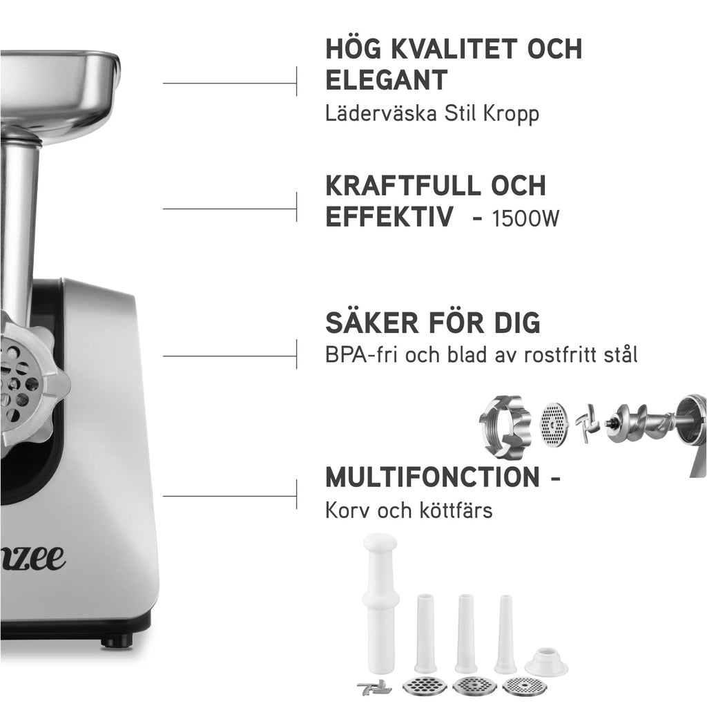 Twinzee - Elektrisk köttkvarn med korvfyllmedel 1500W, vit - För kött och korv - Matberedare, köttkvarn med 3 perforerade skivor och 3 korvfästen
