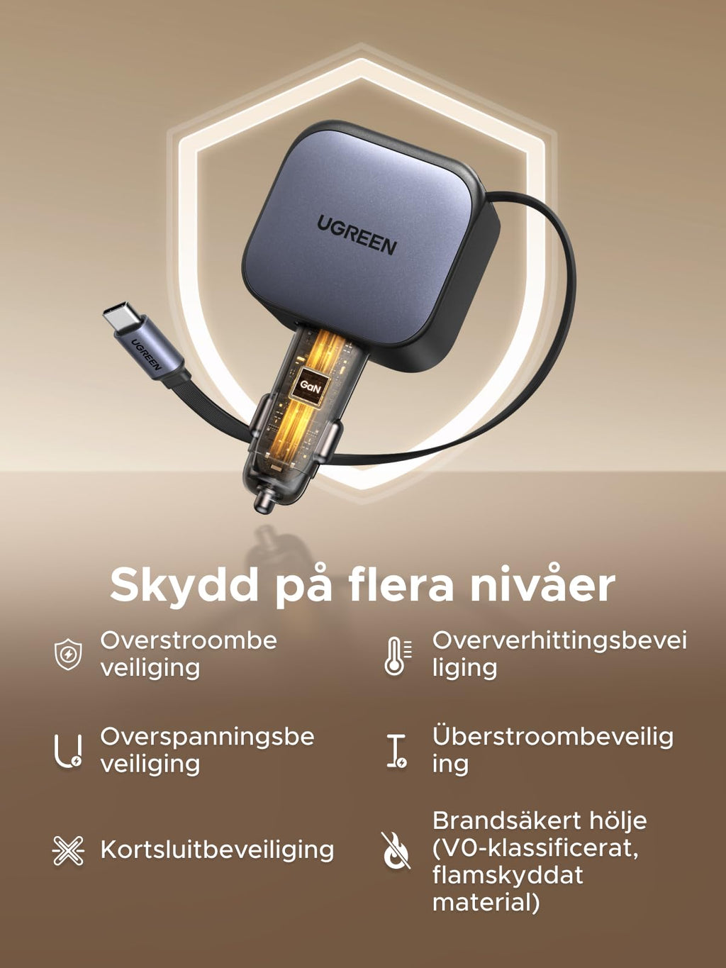 UGREEN 3-port cigarettändare 60W infällbar billaddare 30W integrerad USB C-kabel biltillbehör bil 12V adapter för iPhone 17/16/15, Galaxy S25/24, GPS etc.