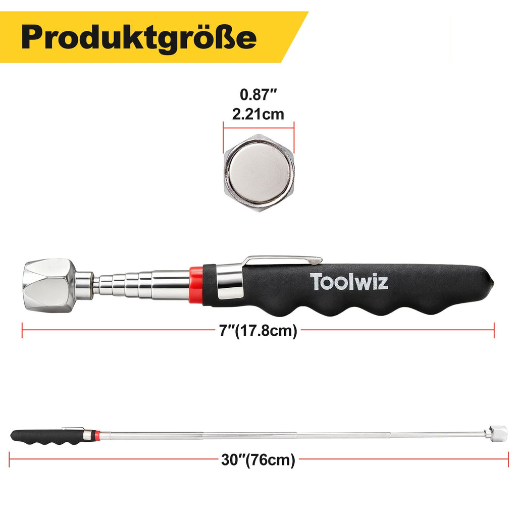 Toolwiz Teleskopiskt Magnetiskt Upphämtningsverktyg 7.2kg/16lb, Utdragbart till 76cm/30tum Pickup Pinne med Magnet, Retriever Stav Idealisk för Att Hämta Metallobjekt Från Svåråtkomliga Platser