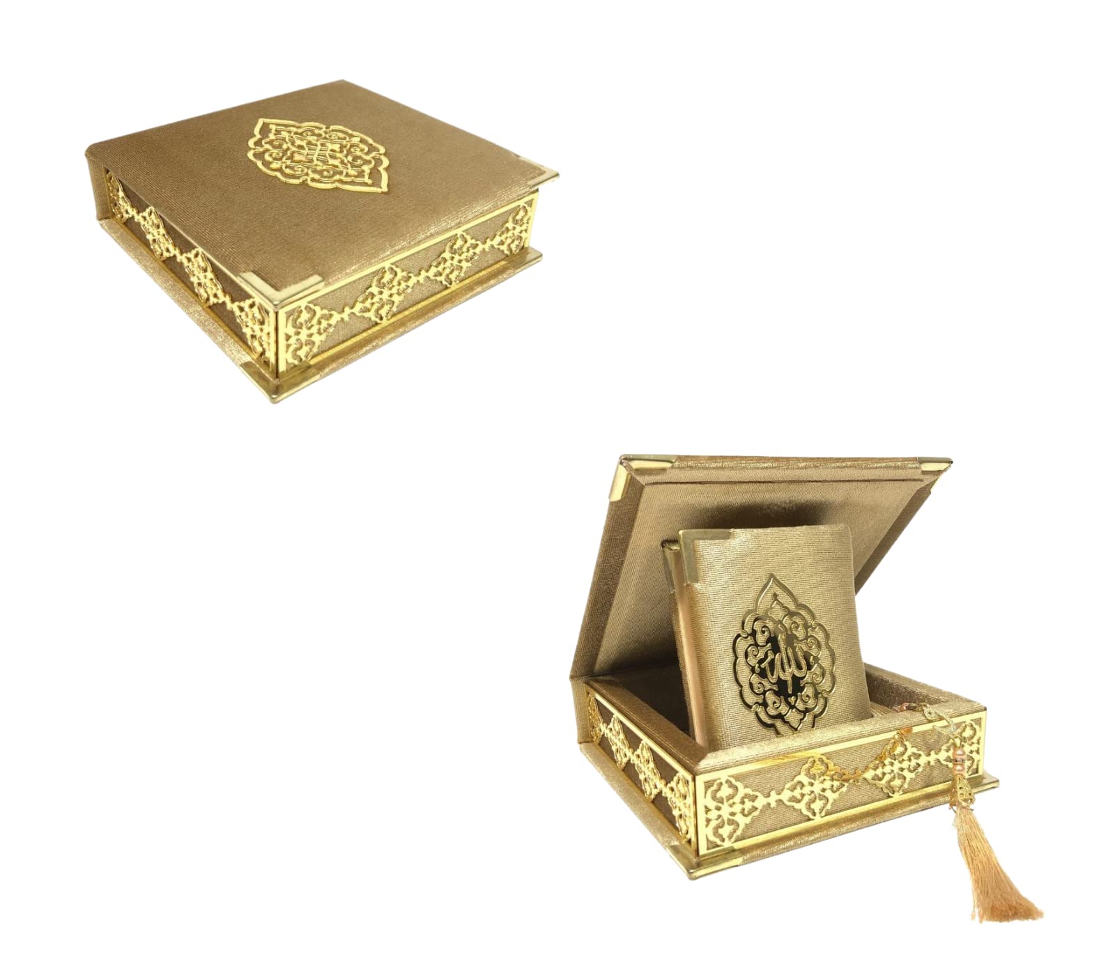 Prien Sammet Koran islam Tesbih-set, elegant bärbar låda, muslimsk heminredning med kvinnor, Qur'an, muslimsk radband för moské, bad, Umrah (guld)