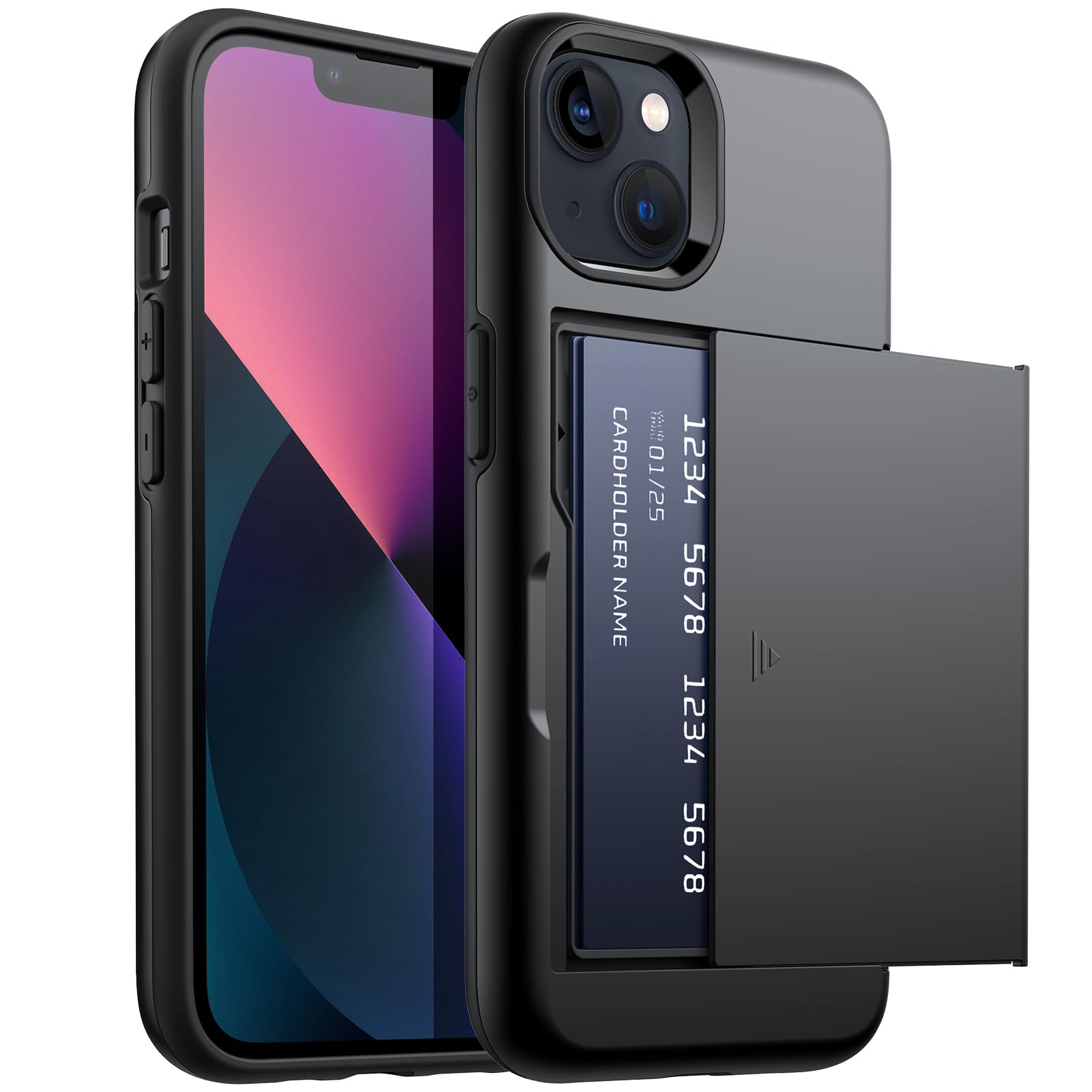 JETech Plånbok Skal för iPhone 13 6,1 Tum med Korthållare, Dual Layer Stötskyddad Skyddande Wallet Case with Card Holder, Glidande Dold Spår (Svart)