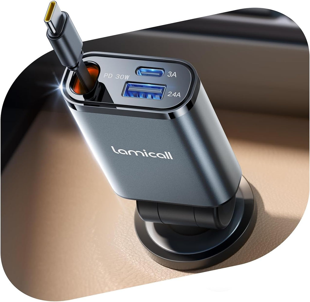 Lamicall Infällbar billaddaradapter – 【Ultrakompakt】50 W cigarettändare USB-laddare, 3-i-1 biltelefonladdning med infällbar kabel, Trip Essentials 12 V USB C-uttag för phone, Android, Galaxy