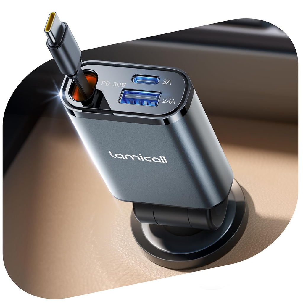 Lamicall Infällbar billaddaradapter – 【Ultrakompakt】50 W cigarettändare USB-laddare, 3-i-1 biltelefonladdning med infällbar kabel, Trip Essentials 12 V USB C-uttag för phone, Android, Galaxy