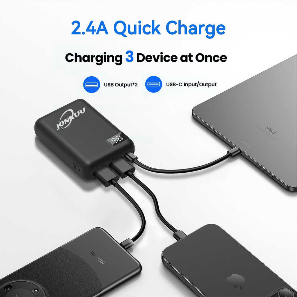 Liten bärbar telefonladdare 10 000 mAh, snabbladdning, 2,4 A powerbank, externa batteripaket, dubbla portar med LCD-skärm, powerpack kompatibel med iPhone, Huawei, iPad, Samsung, Nintendo Switch och surfplattor