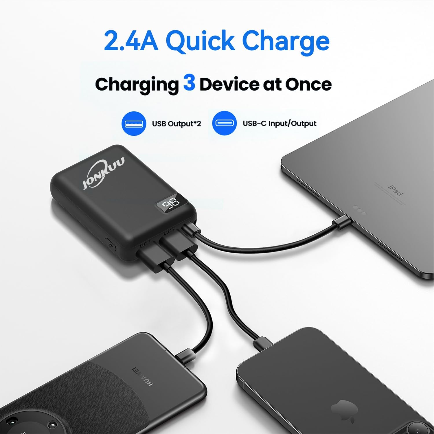 Liten bärbar telefonladdare 10 000 mAh, snabbladdning, 2,4 A powerbank, externa batteripaket, dubbla portar med LCD-skärm, powerpack kompatibel med iPhone, Huawei, iPad, Samsung, Nintendo Switch och surfplattor
