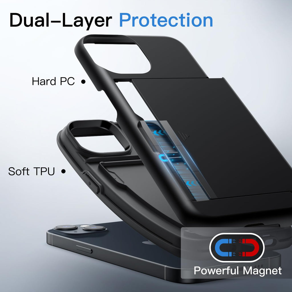 JETech Plånbok Skal för iPhone 13 6,1 Tum med Korthållare, Dual Layer Stötskyddad Skyddande Wallet Case with Card Holder, Glidande Dold Spår (Svart)