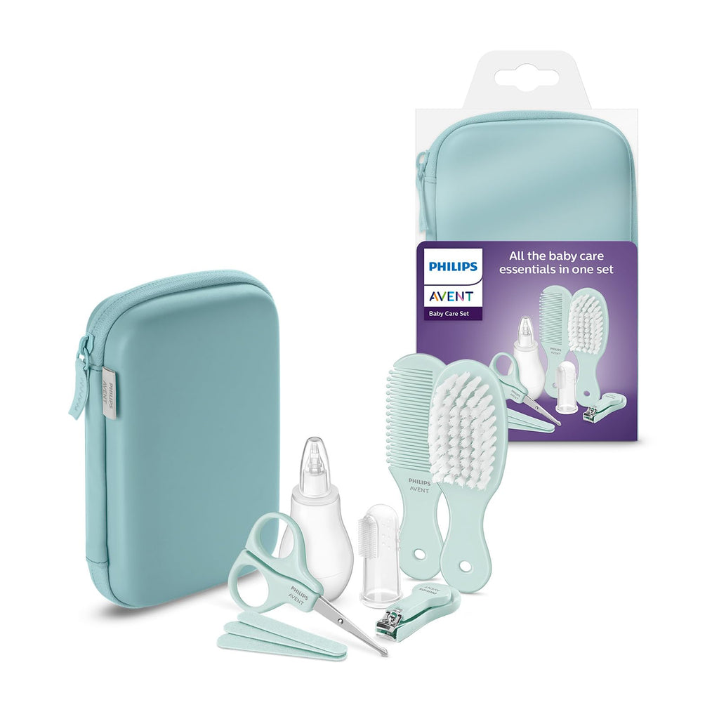 Philips Avent babyvårdsset – babyvårdsset med nio tillbehör, nagelklippare, sax, tre nagelfilar, kam, hårborste, nässug och fingertandborste (modell SCH401/00)