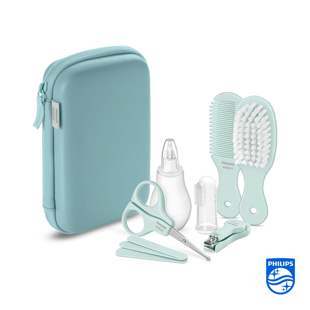 Philips Avent babyvårdsset – babyvårdsset med nio tillbehör, nagelklippare, sax, tre nagelfilar, kam, hårborste, nässug och fingertandborste (modell SCH401/00)